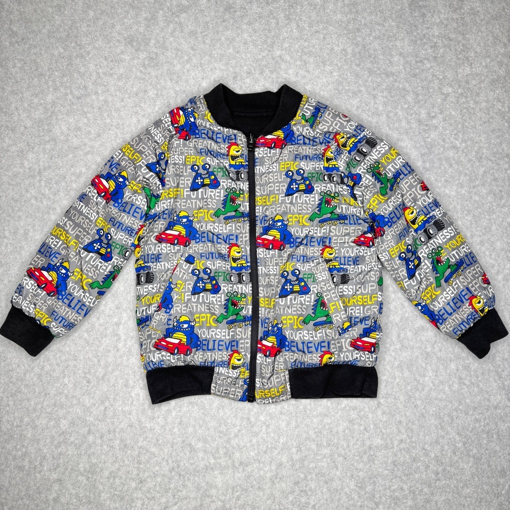 365 Kids Bomber Jacket 4T Black Multicolor Monster Print Gamer Reversible Coat